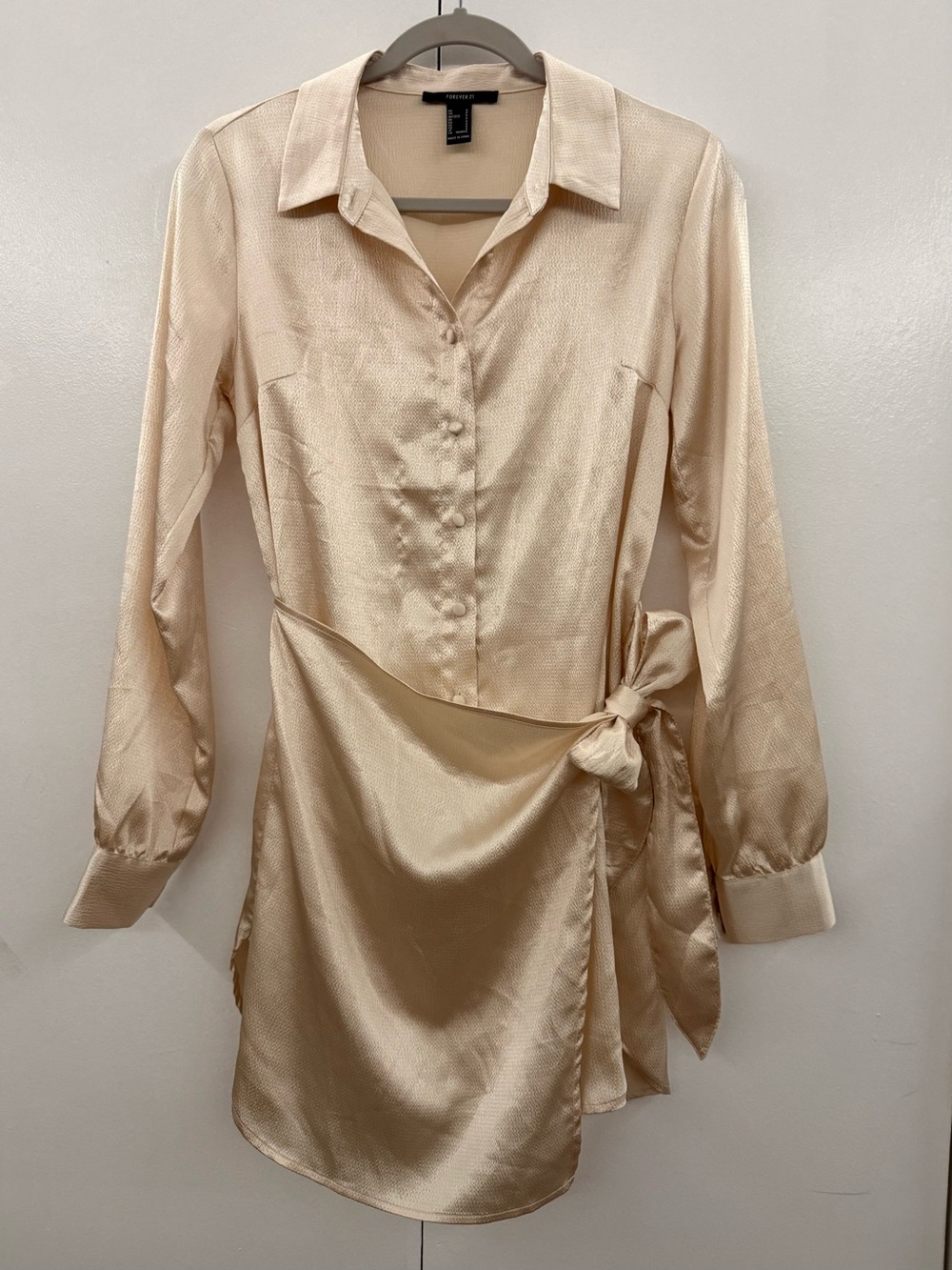 Champagne Pearl Satin Collared Wrap Mini Shirt Dress